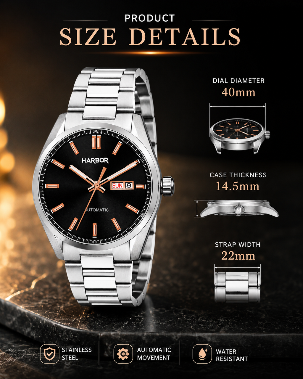 Harbor 1008 Black Dial Golden Mark Automatic Watch For Men