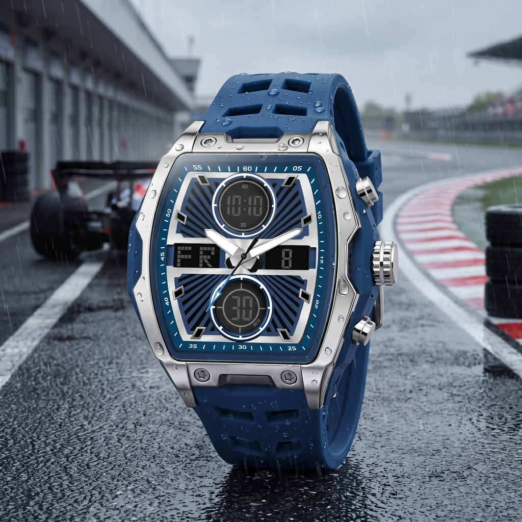 Harbor Men's Blue Tonneau Tactical Watch | Dual Display & Triple Time