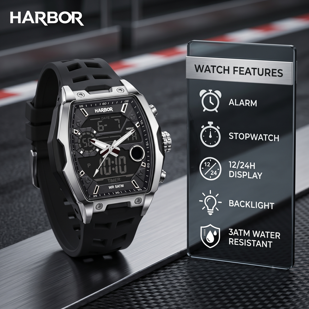 Harbor Men's Analog-Digital Sports Watch | Triple Time, Alarm & Water Resistant