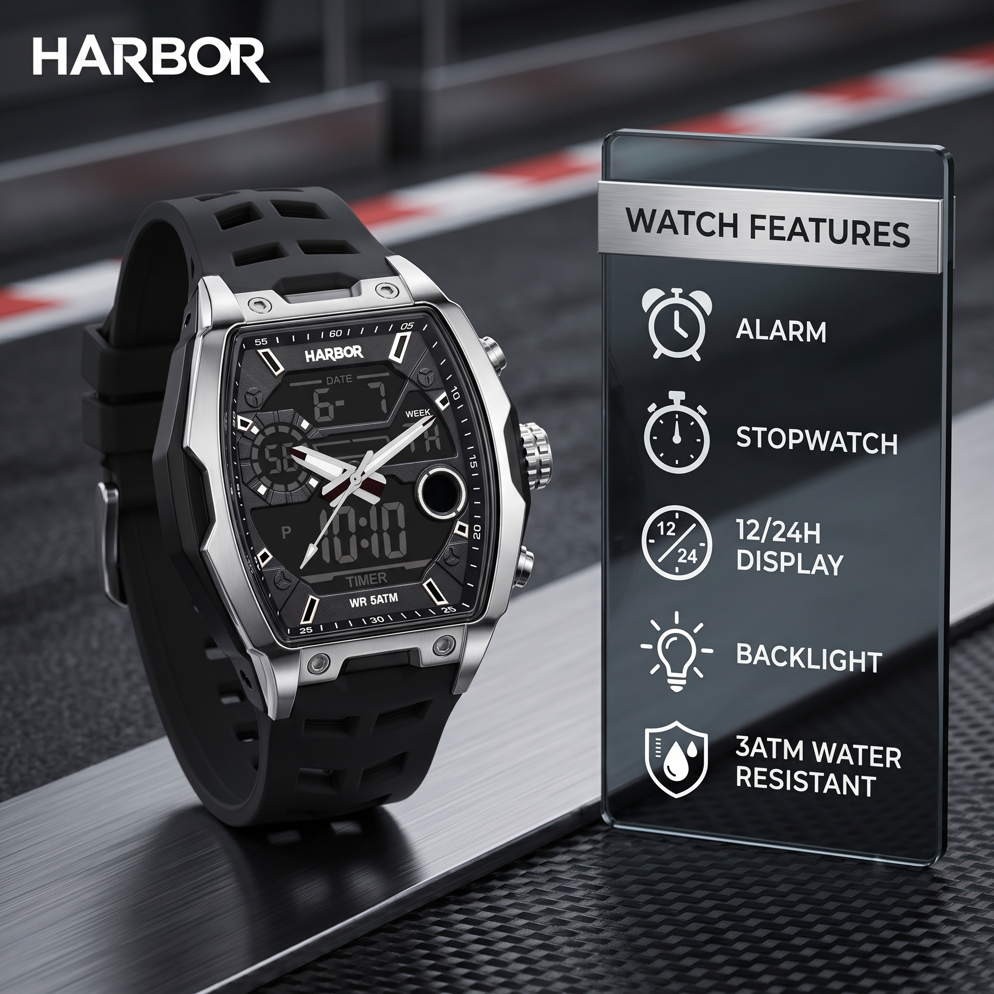 Harbor Men's Analog-Digital Sports Watch | Triple Time, Alarm & Water Resistant