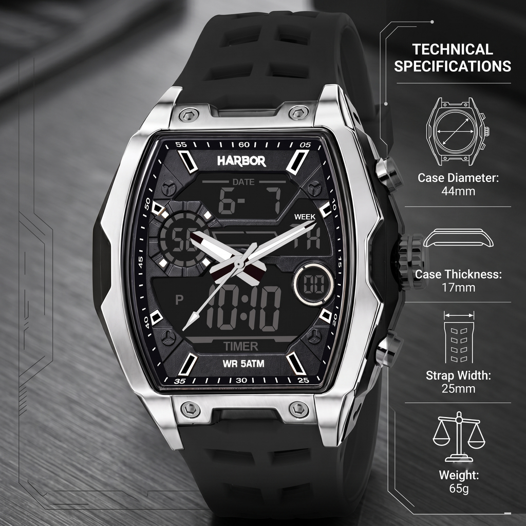Harbor Men's Analog-Digital Sports Watch | Triple Time, Alarm & Water Resistant