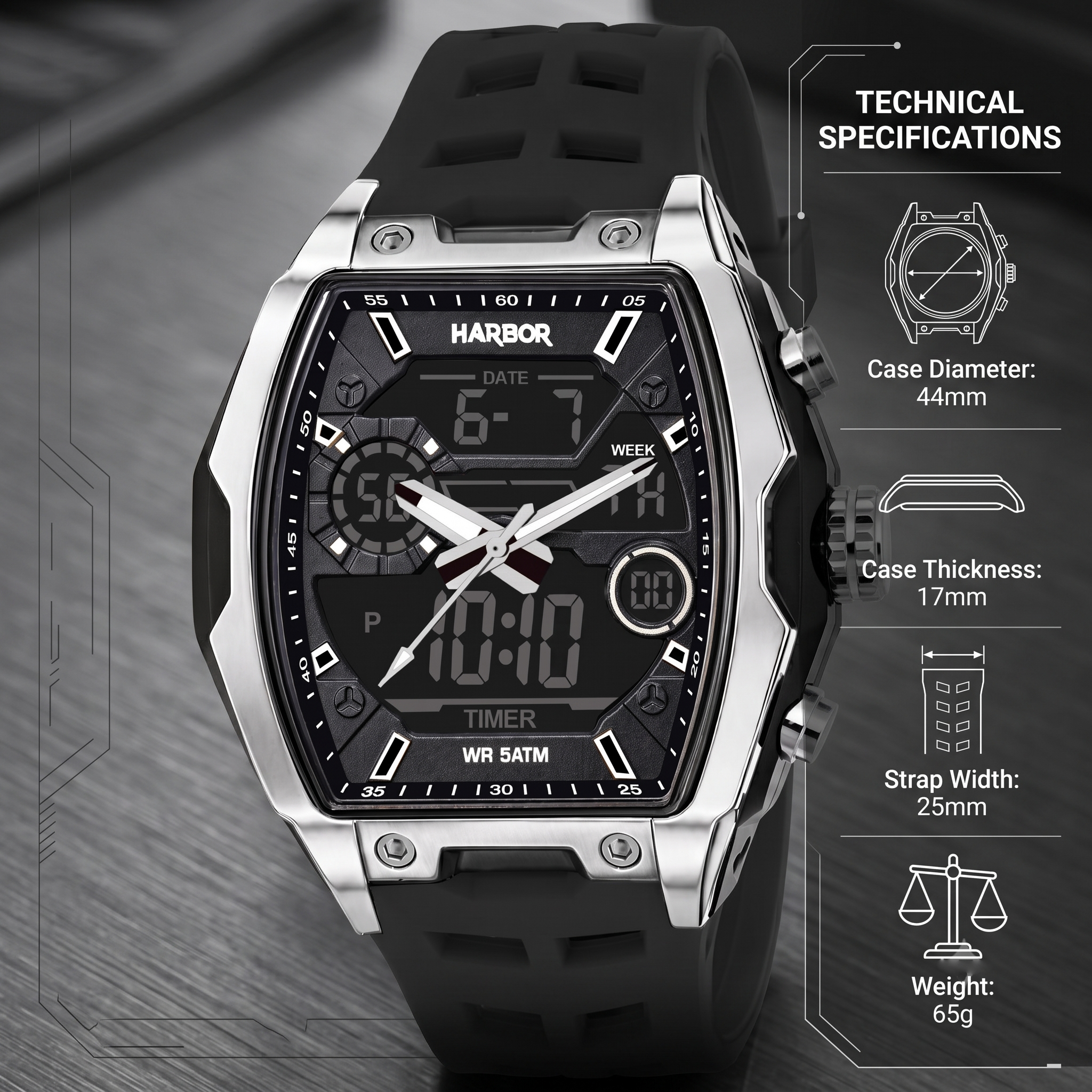 Harbor Men's Analog-Digital Sports Watch | Triple Time, Alarm & Water Resistant