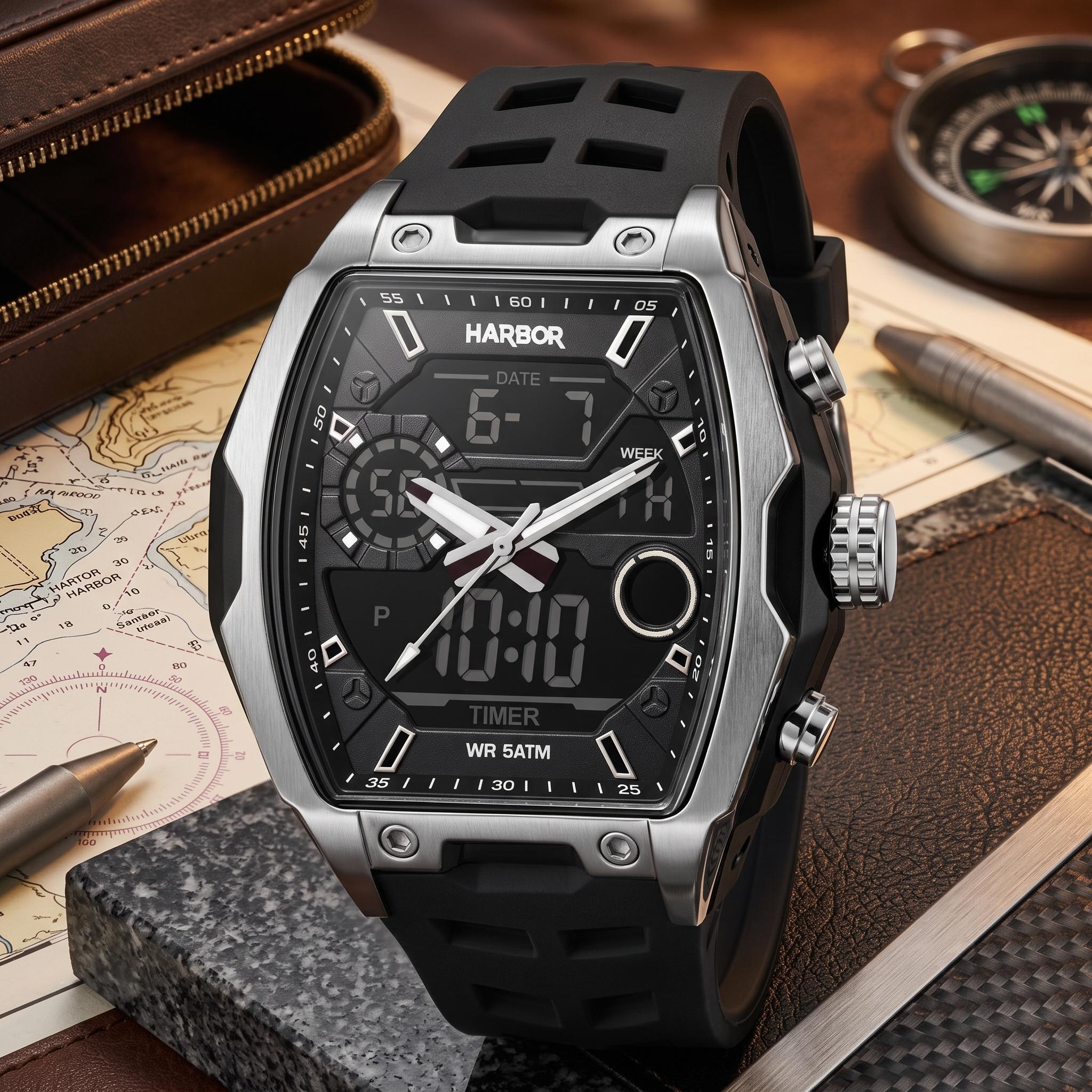 Harbor Men's Analog-Digital Sports Watch | Triple Time, Alarm & Water Resistant