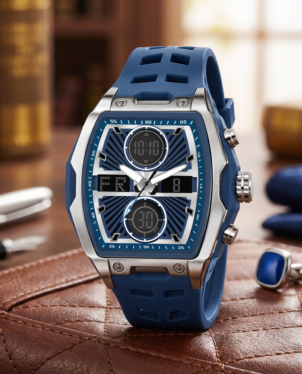 Harbor Men's Blue Tonneau Tactical Watch | Dual Display & Triple Time