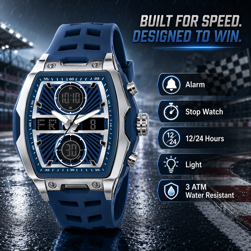 Harbor Men's Blue Tonneau Tactical Watch | Dual Display & Triple Time