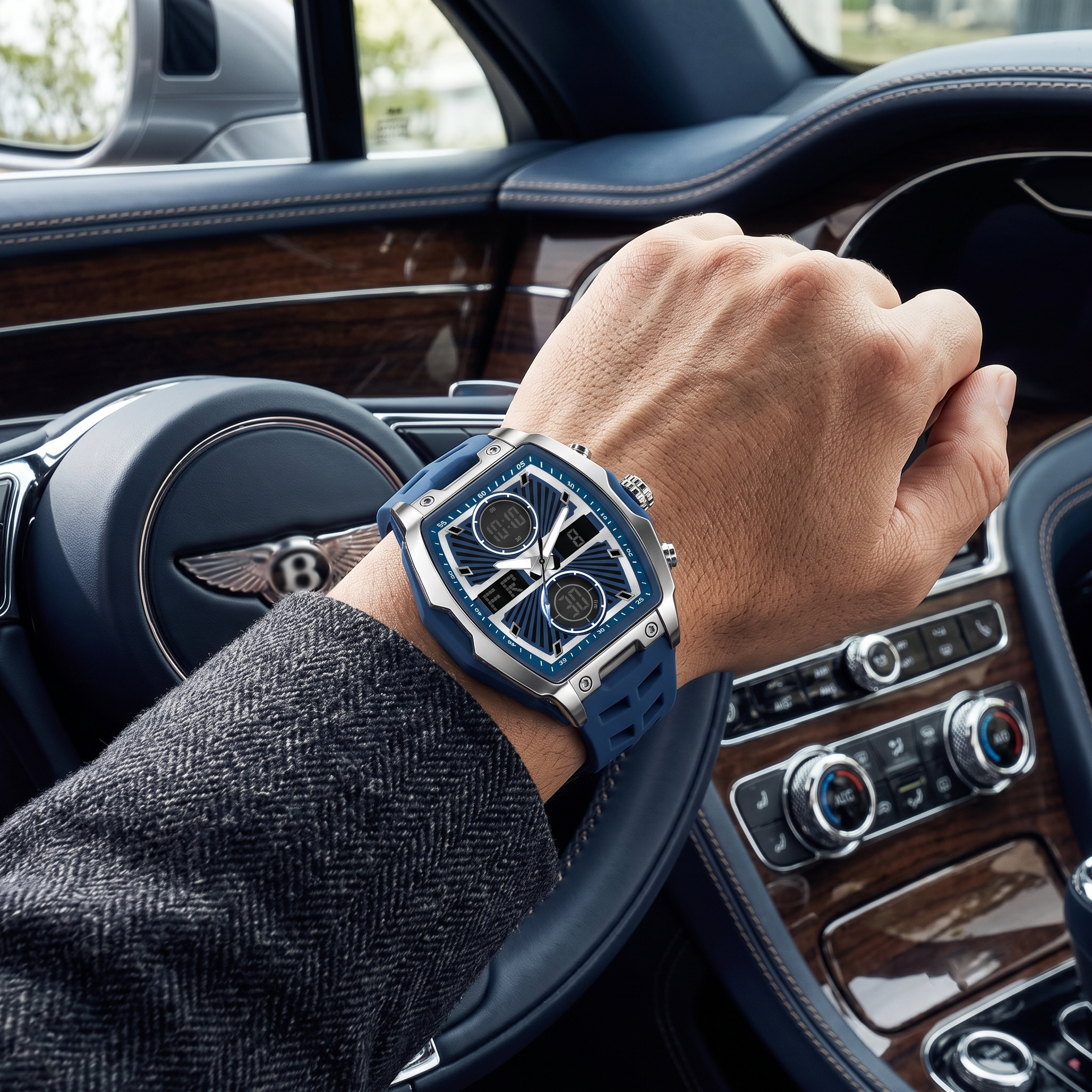 Harbor Men's Blue Tonneau Tactical Watch | Dual Display & Triple Time