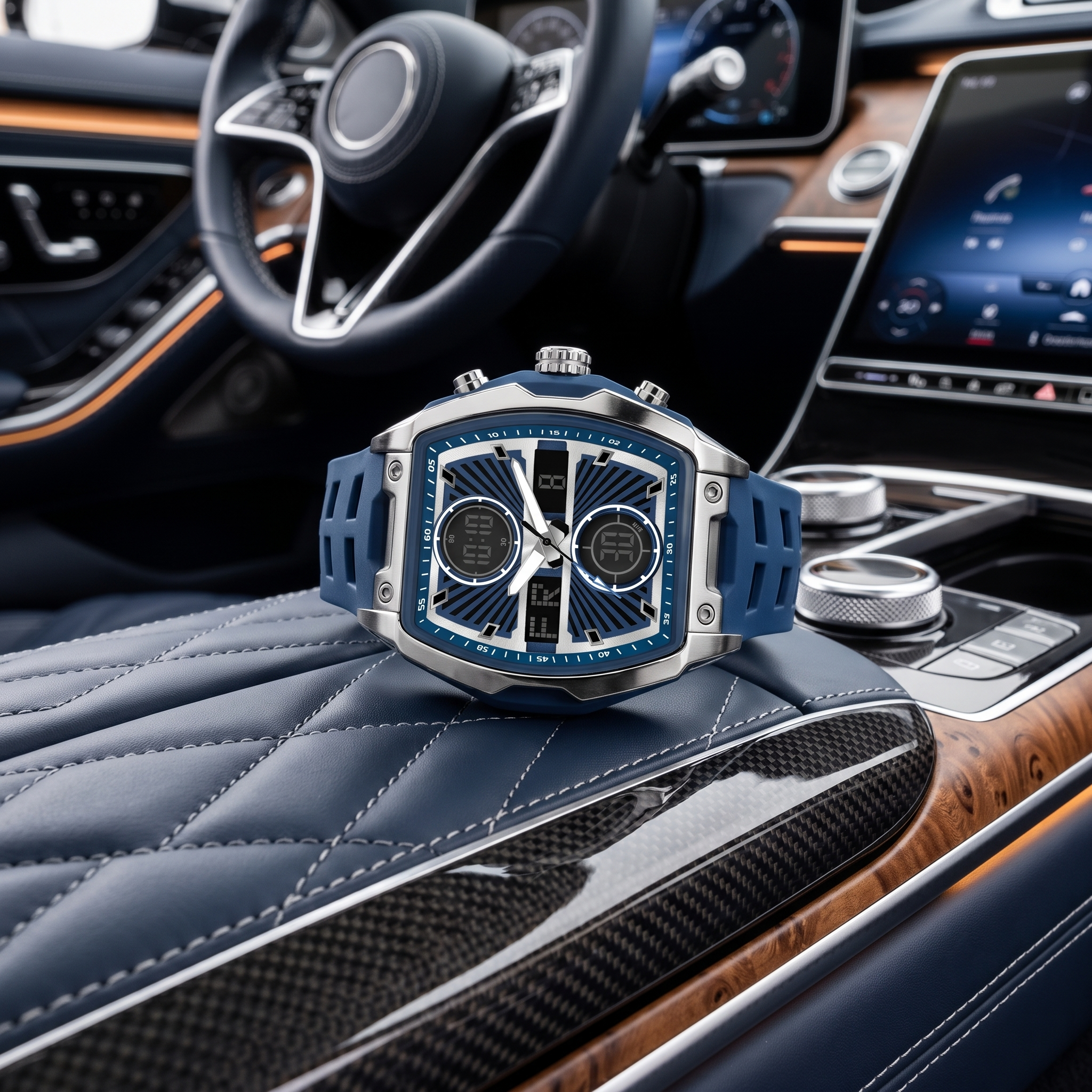 Harbor Men's Blue Tonneau Tactical Watch | Dual Display & Triple Time