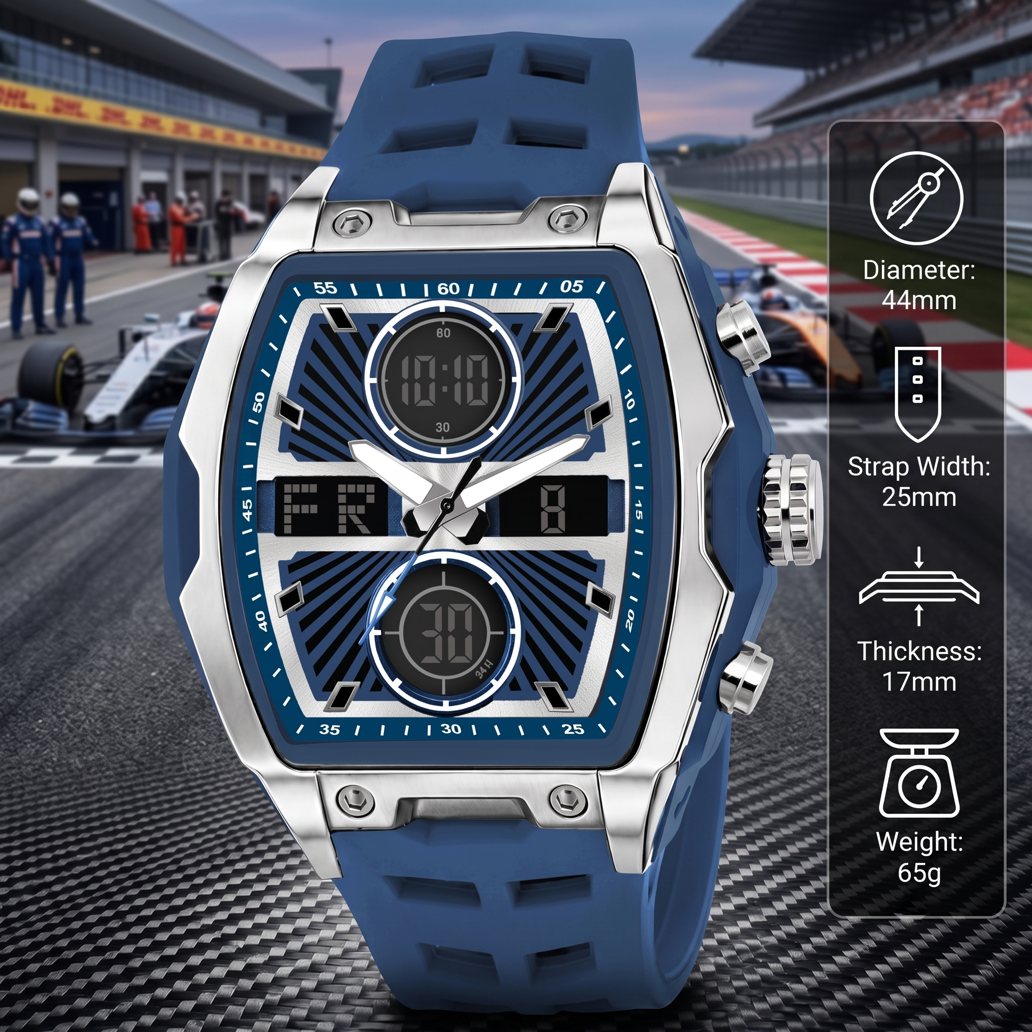 Harbor Men's Blue Tonneau Tactical Watch | Dual Display & Triple Time