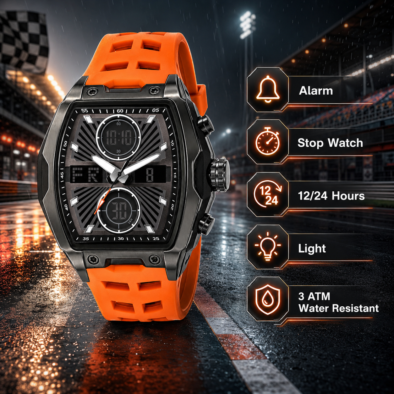 Harbor Men's Tactical Tonneau Watch | Gunmetal & Orange | Triple Time