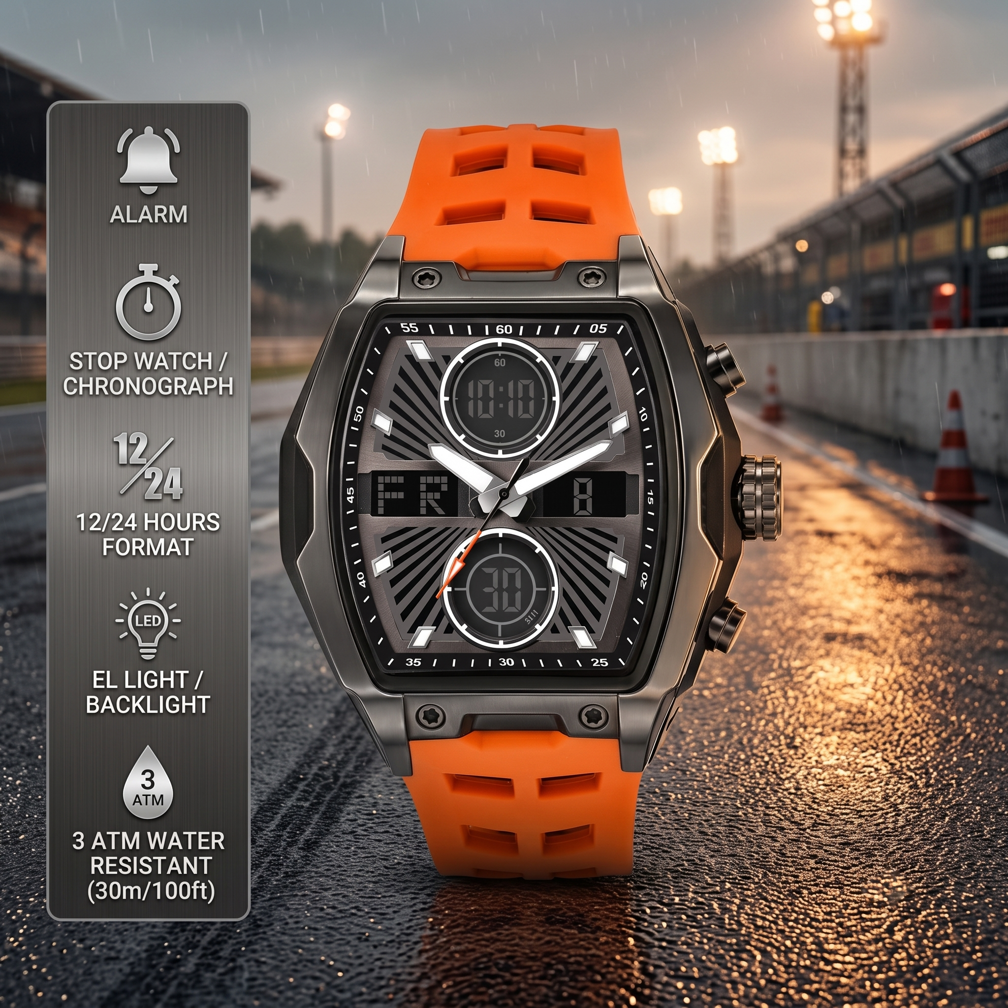 Harbor Men's Tactical Tonneau Watch | Gunmetal & Orange | Triple Time