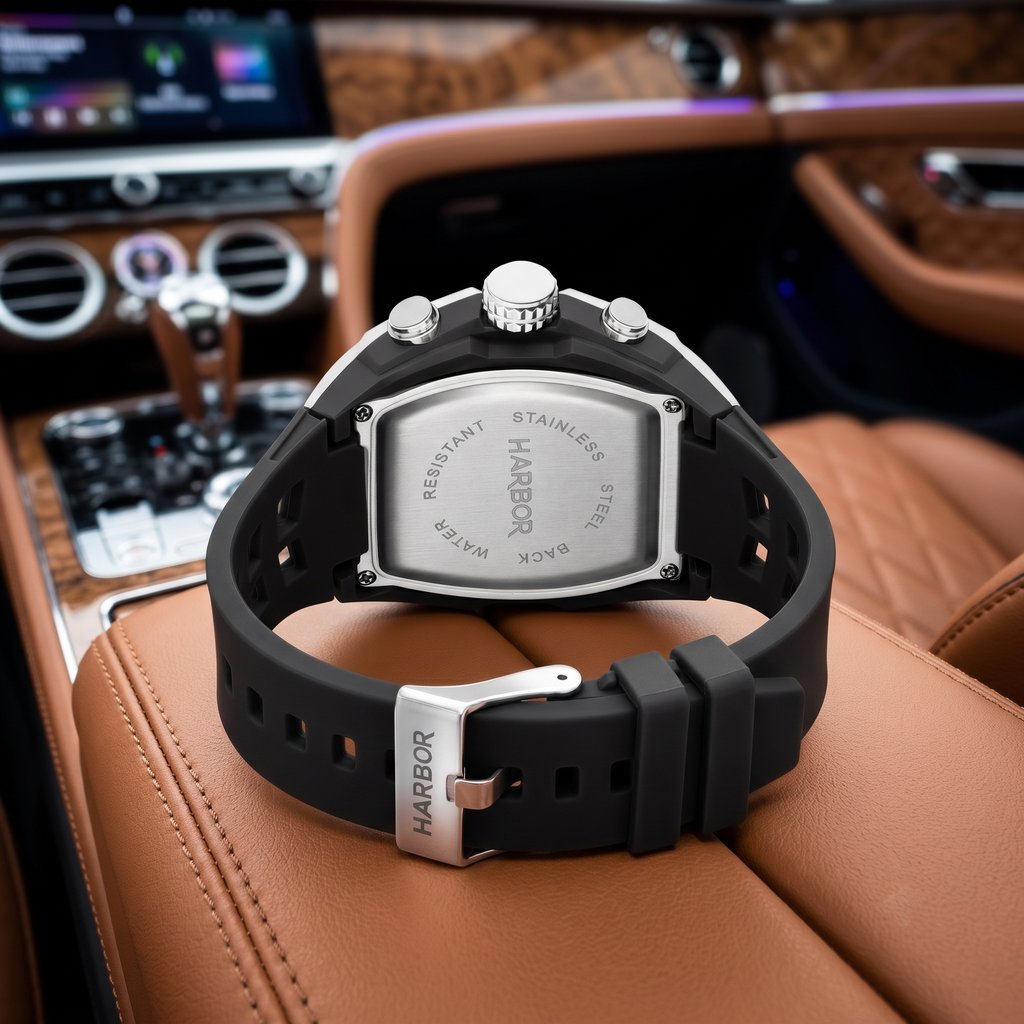 Harbor Men's Silver & Black Tonneau Tactical Watch | Triple Time Display | REQ8001