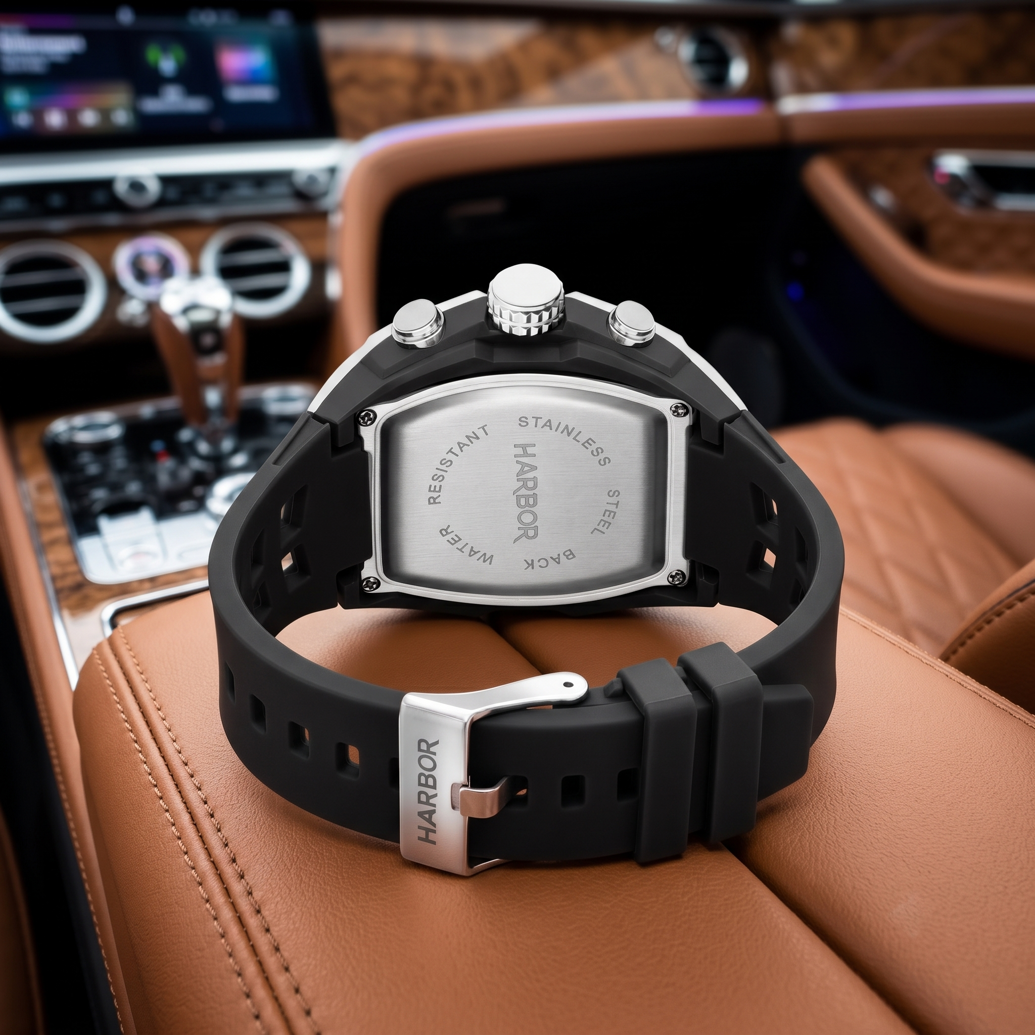 Harbor Men's Silver & Black Tonneau Tactical Watch | Triple Time Display | REQ8001