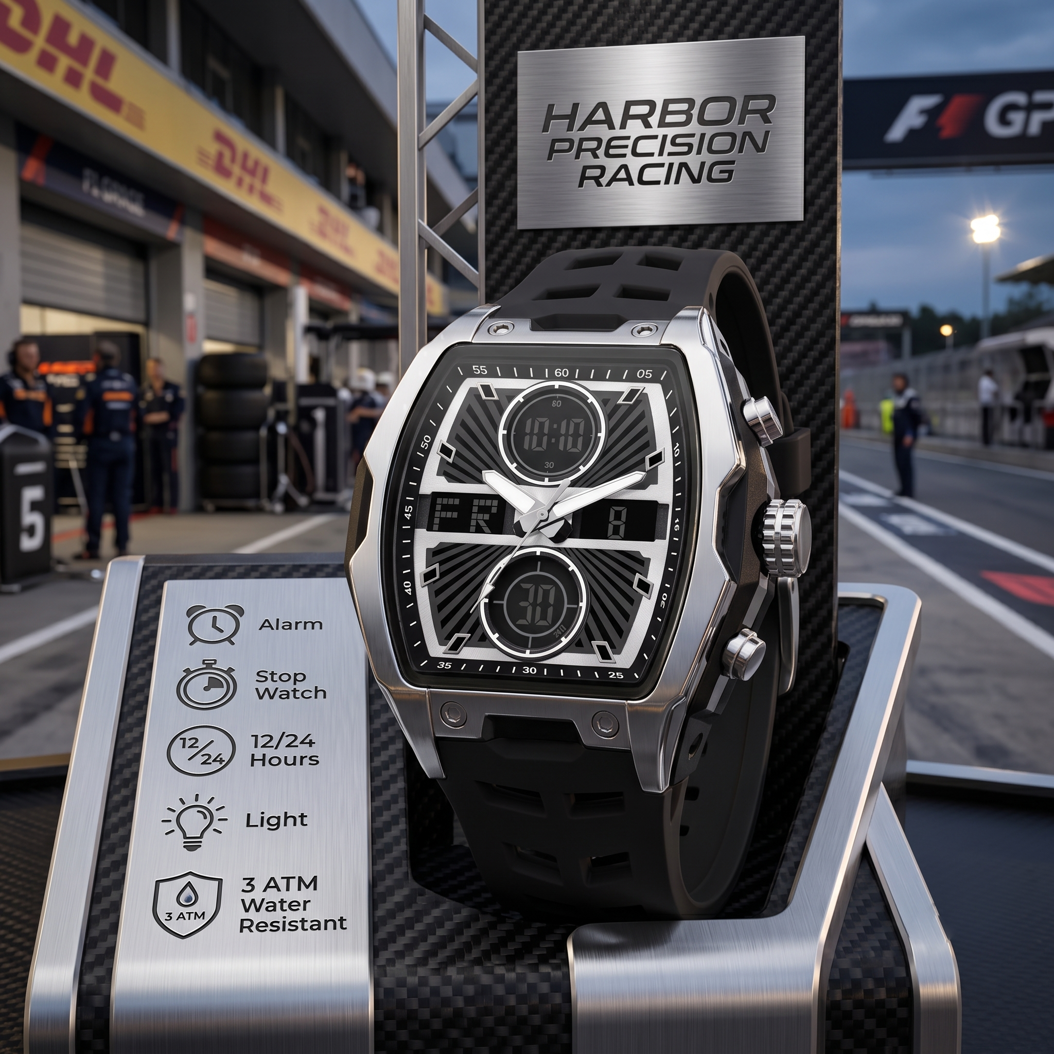 Harbor Men's Silver & Black Tonneau Tactical Watch | Triple Time Display | REQ8001