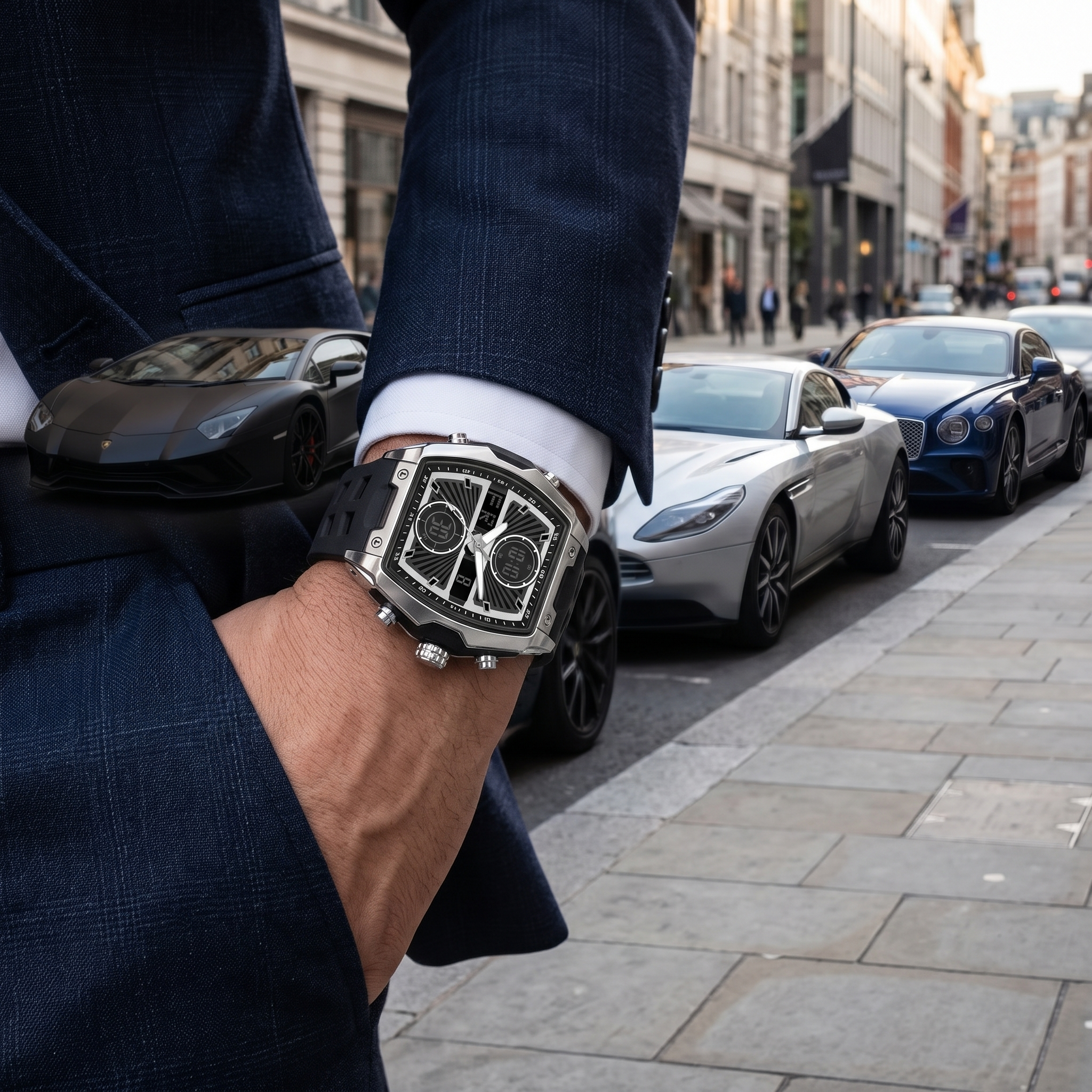 Harbor Men's Silver & Black Tonneau Tactical Watch | Triple Time Display | REQ8001