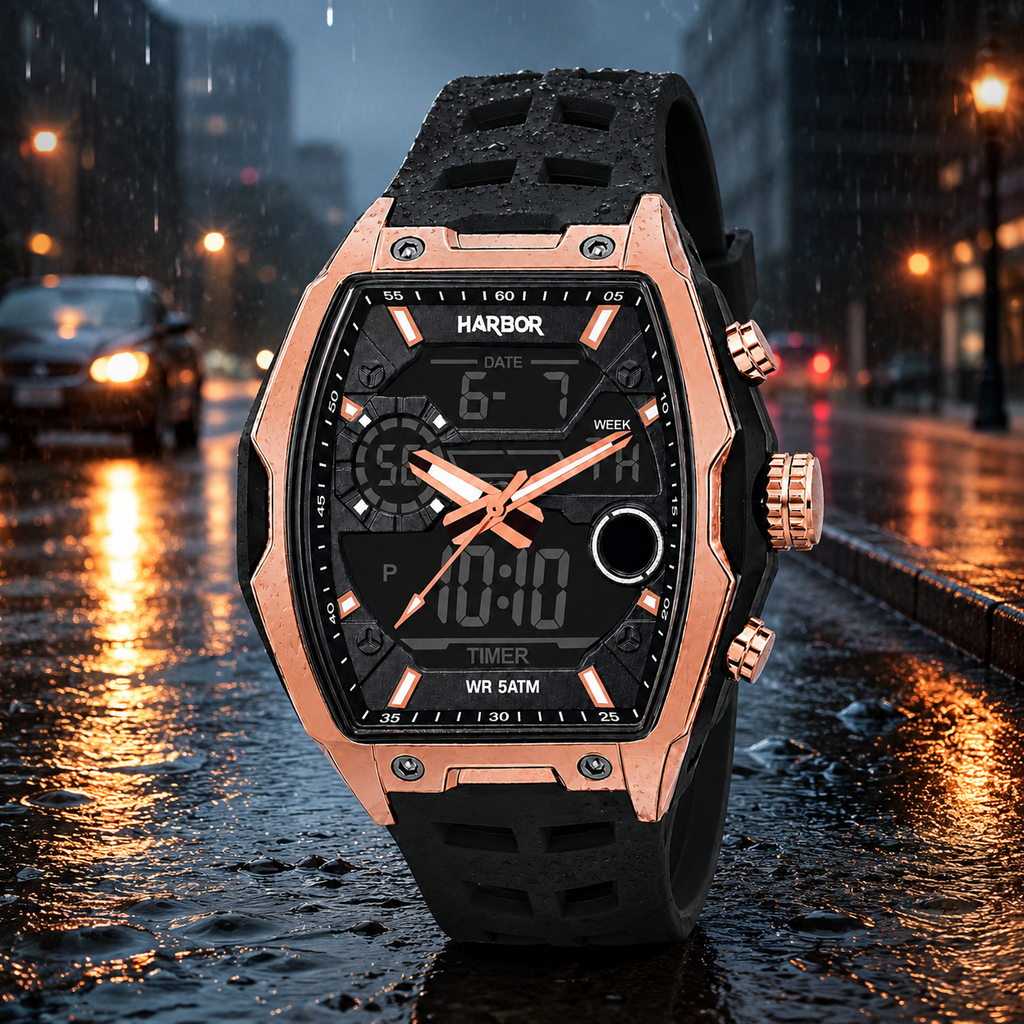 Harbor Men's Rose Gold Tactical Tonneau Watch | Triple Time Display