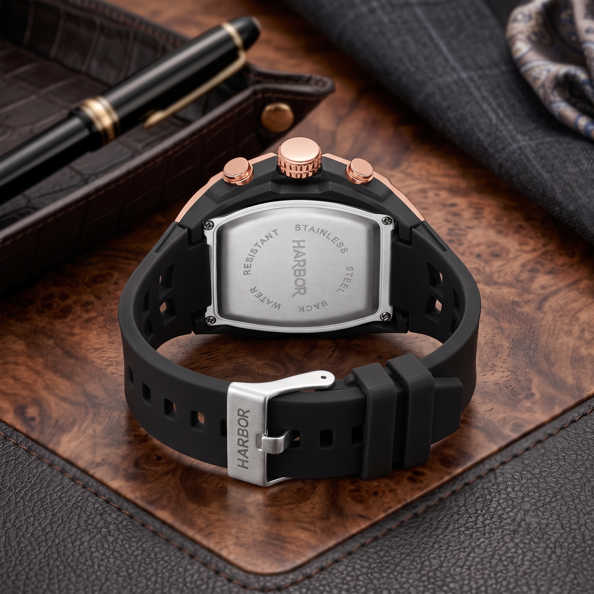 Harbor Men's Rose Gold Tactical Tonneau Watch | Triple Time Display