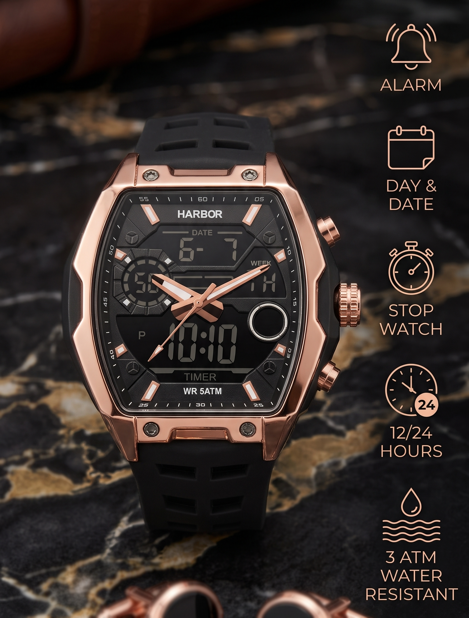 Harbor Men's Rose Gold Tactical Tonneau Watch | Triple Time Display