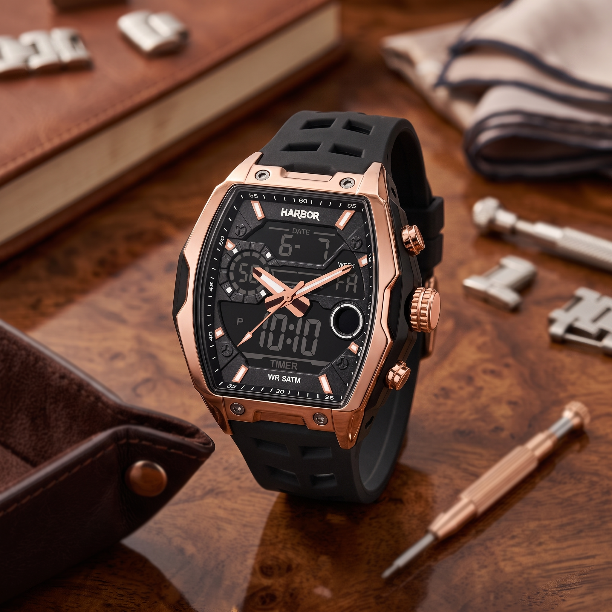 Harbor Men's Rose Gold Tactical Tonneau Watch | Triple Time Display