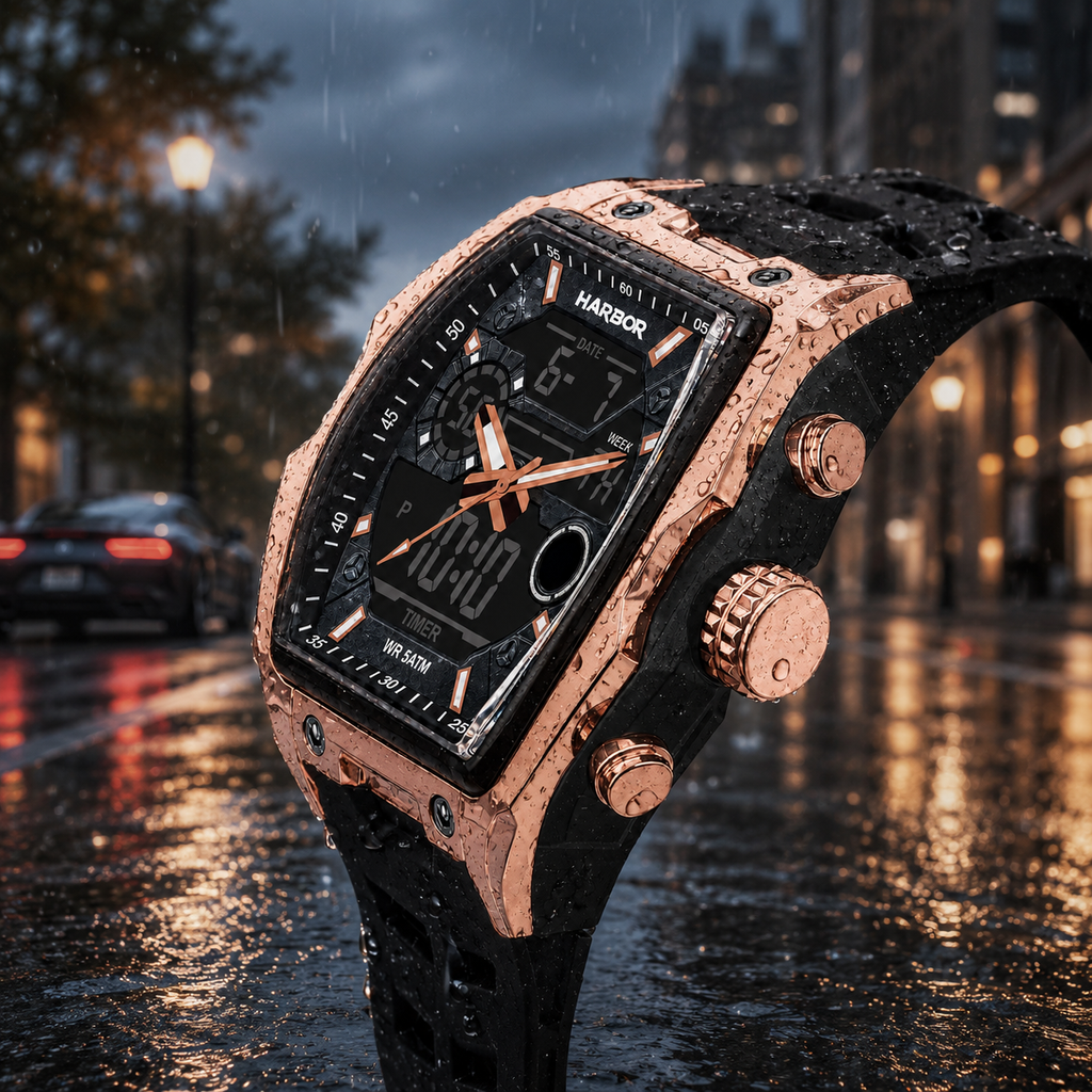 Harbor Men's Rose Gold Tactical Tonneau Watch | Triple Time Display