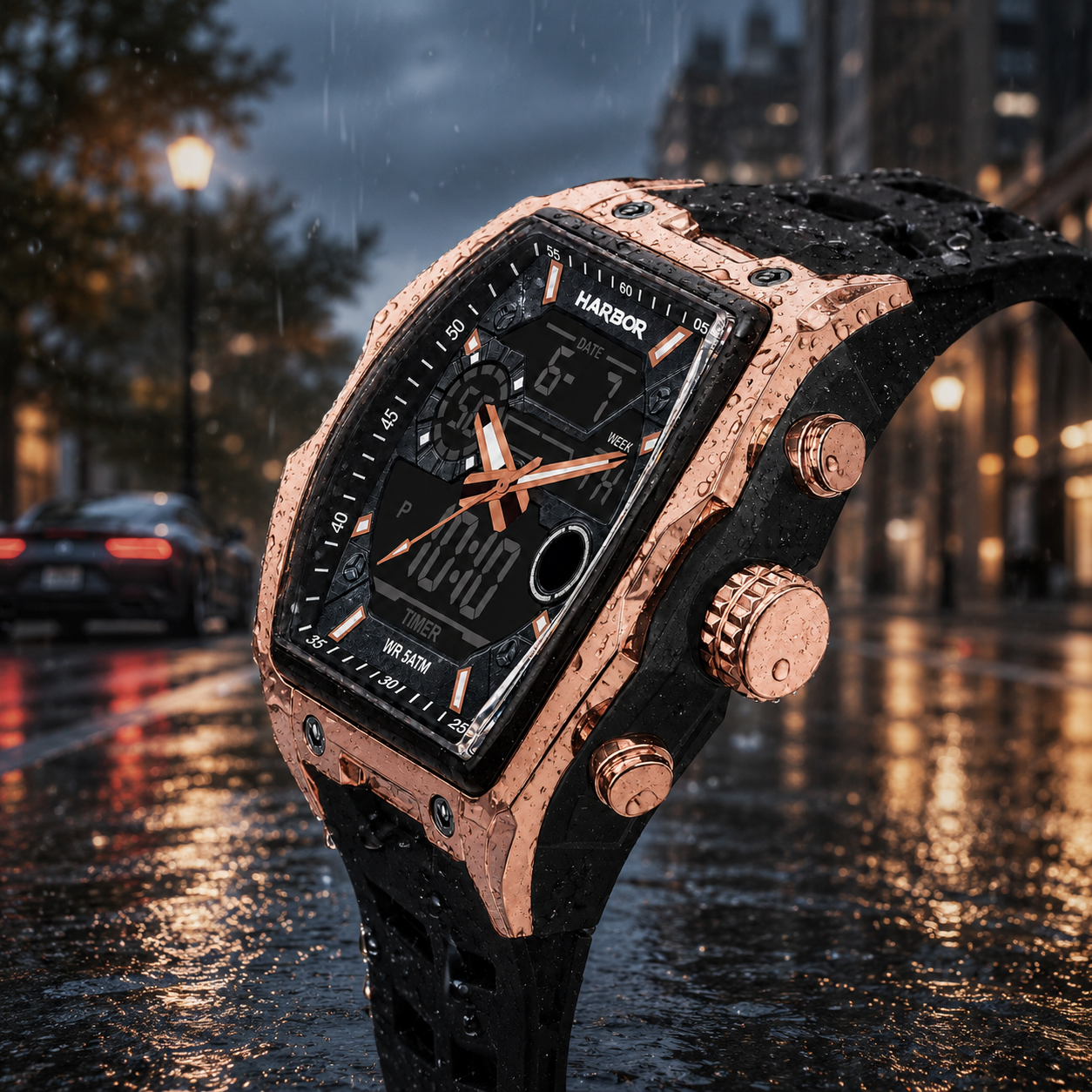 Harbor Men's Rose Gold Tactical Tonneau Watch | Triple Time Display