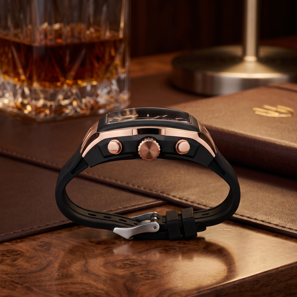 Harbor Men's Rose Gold Tactical Tonneau Watch | Triple Time Display
