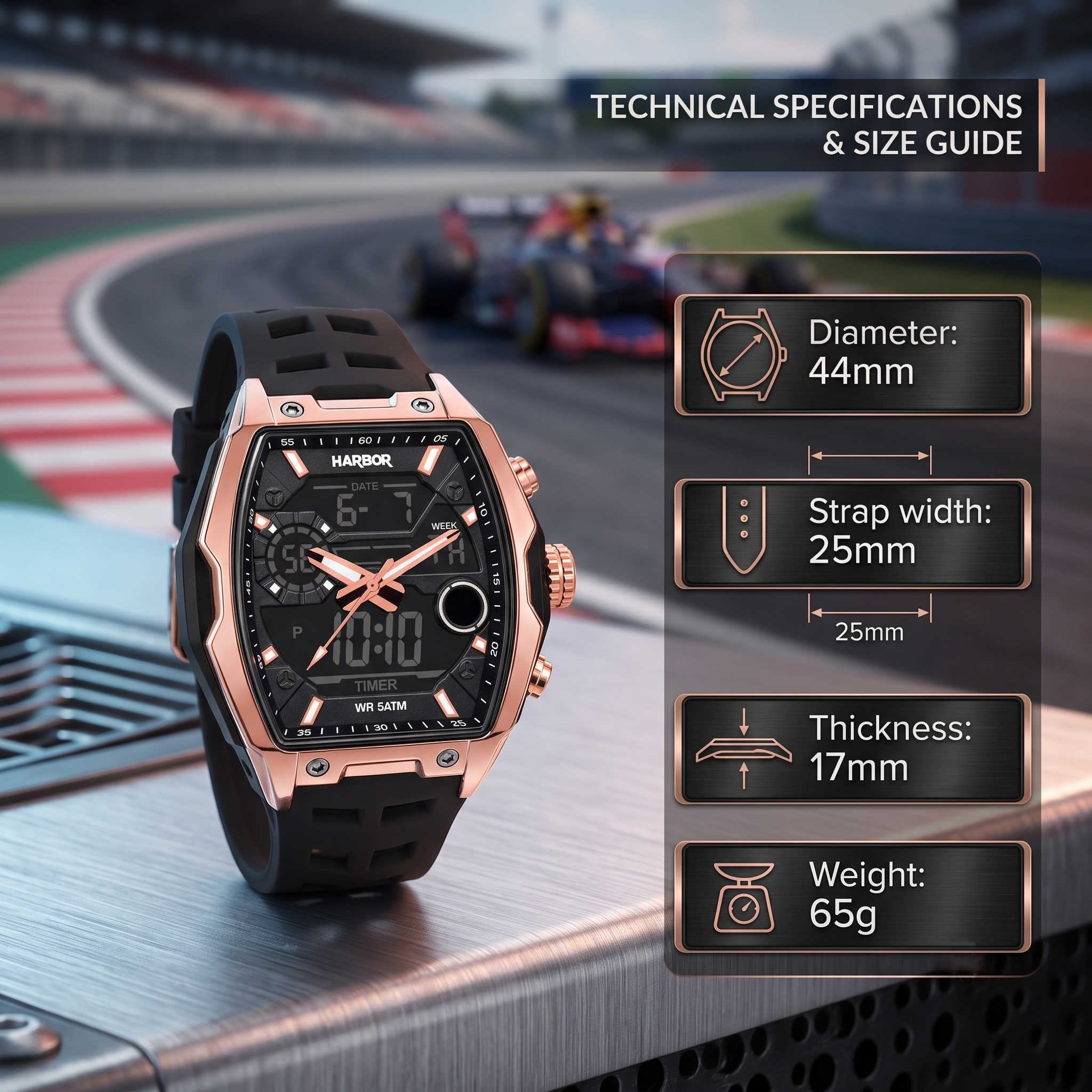 Harbor Men's Rose Gold Tactical Tonneau Watch | Triple Time Display