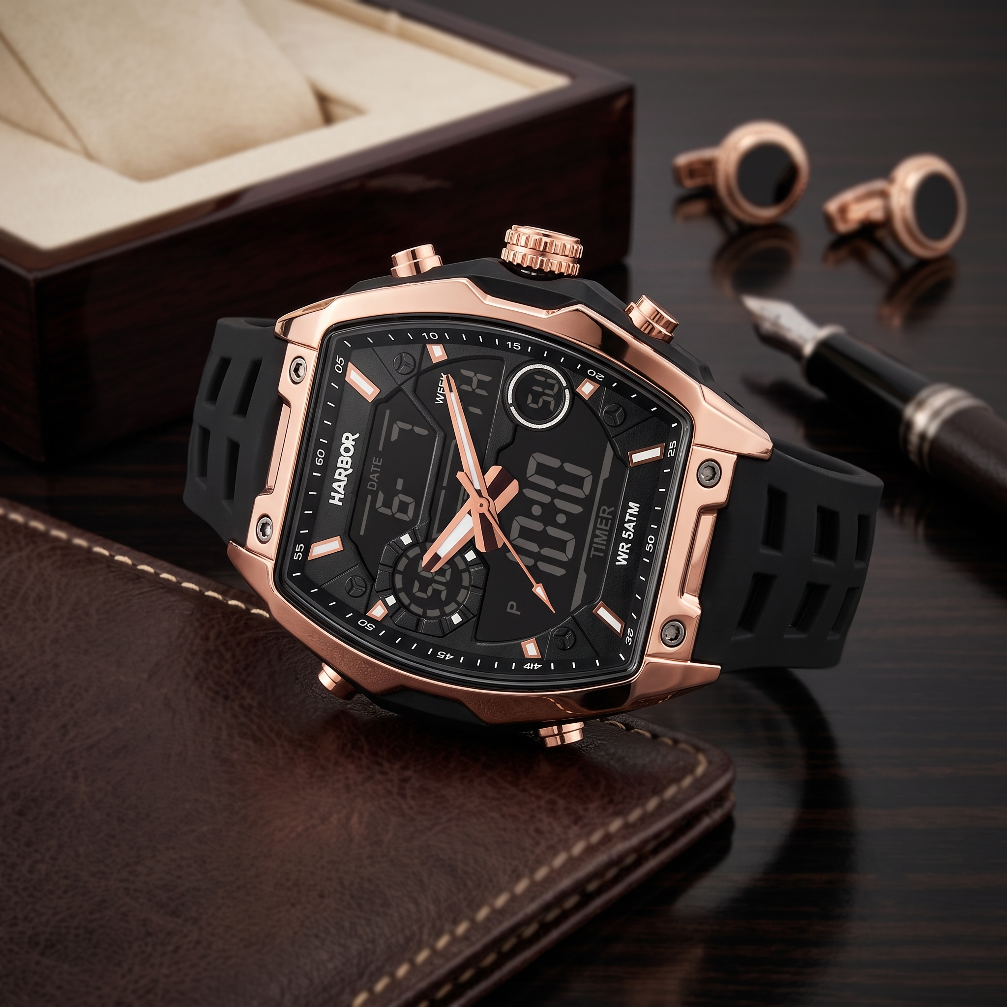 Harbor Men's Rose Gold Tactical Tonneau Watch | Triple Time Display