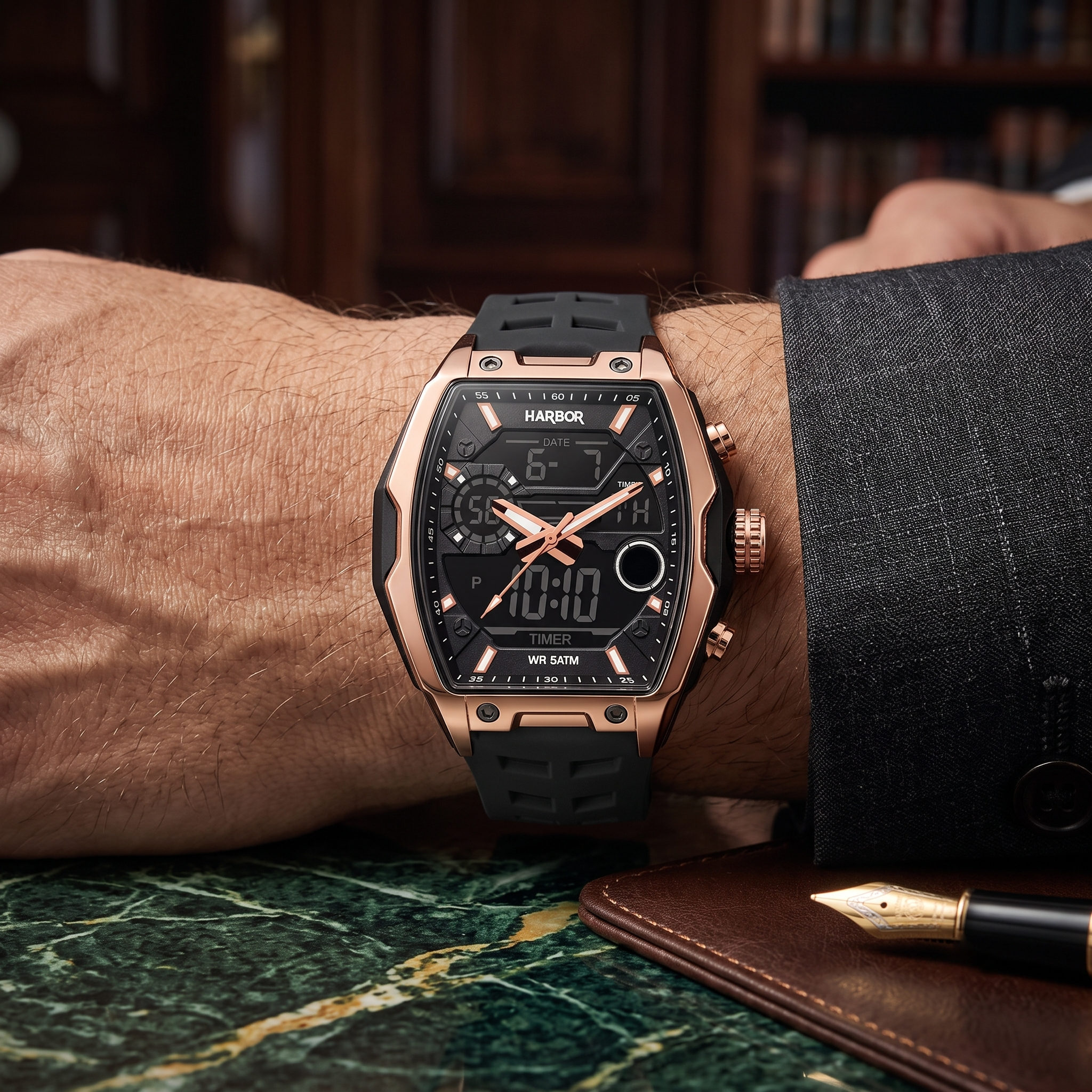 Harbor Men's Rose Gold Tactical Tonneau Watch | Triple Time Display